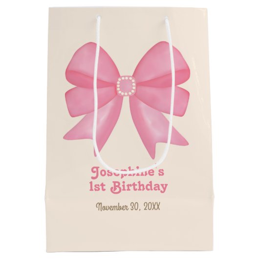 キュートミニマルピンクボウ誕生日 ミディアムペーパーバッグ (裏面)