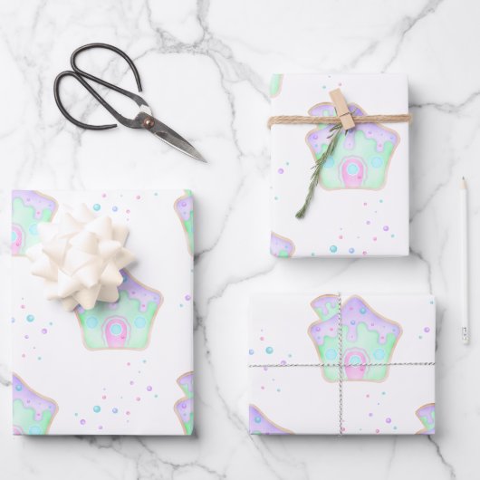 キュートミントキッズクリスマスジンジャーブレッドハウスホリデー ラッピングペーパーシート (正面)