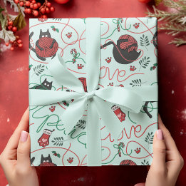 キュートミントクリスマスピース&ラブヤーン猫ちゃん ラッピングペーパー
