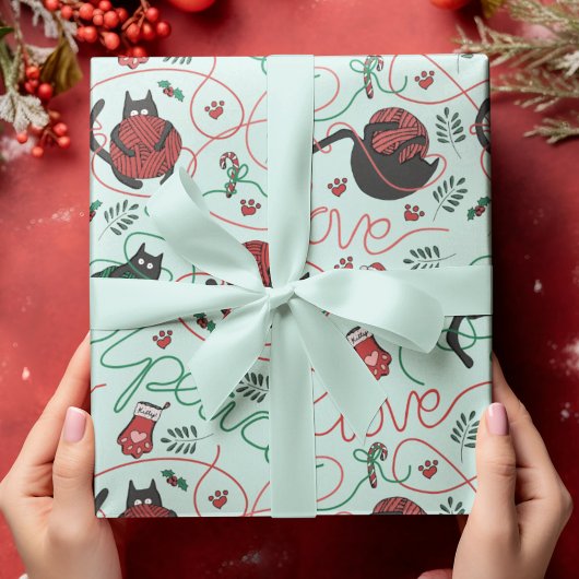 キュートミントクリスマスピース&ラブヤーン猫ちゃん ラッピングペーパー