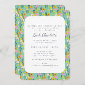 キュートミントグリーンピンクフローラ花バルミツワー 招待状 (正面/裏面)