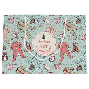 キュートミントグリーンベビー初めてのクリスマスカスタム ラージペーパーバッグ