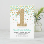 キュートミントグリーン金ゴールドグリッター紙吹雪1st誕生日 招待状 (スタンド正面)