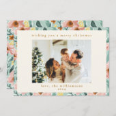 キュートミントセージ赤面ピンクフローラクリスマスフォト シーズンカード (正面/裏面)