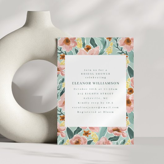 キュートミントセージ赤面ピンクフローラブライダルシャワー 招待状