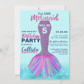 キュートミントブルーピンクマーメイドテールグリッター誕生日 招待状 (正面)