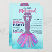 キュートミントブルーピンクマーメイドテールグリッター誕生日 招待状 (正面/裏面)