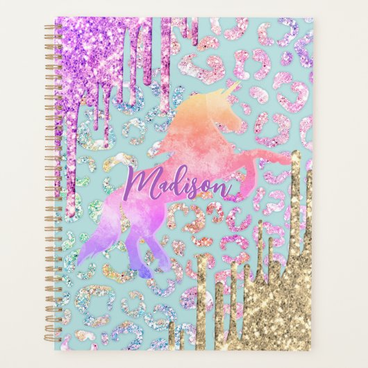 キュートミントユニコーンアニマルプリントグリッターモノグラム プランナー手帳 (正面)