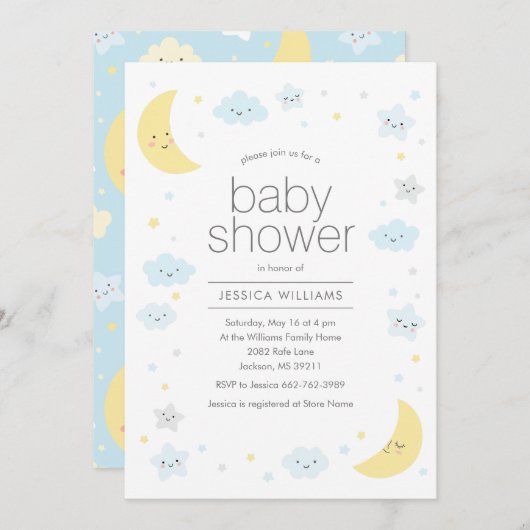 キュートムーンクラウド&スターズベビーシャワー招待状 招待状 (正面/裏面)