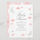 キュートムーン&スターズピンクガールベビーシャワー招待状 招待状 (正面/裏面)