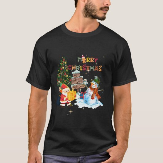 キュートメリークリスマス格言ファミリー雪だるまサンタクロース Tシャツ (正面)