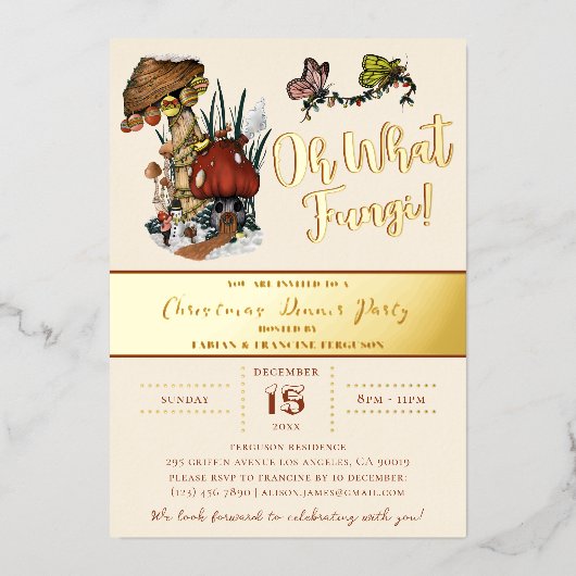 キュートメリーマッシュルームハウスクリスマスホリデーパーティー 箔招待状 (正面)