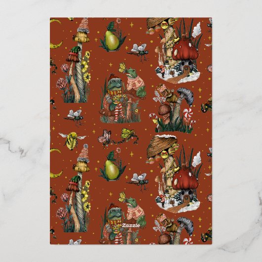 キュートメリーマッシュルームハウスクリスマスホリデーパーティー 箔招待状 (裏面)