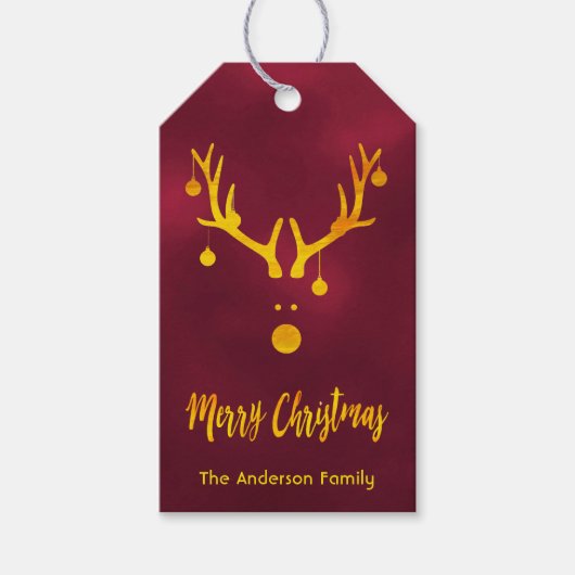 キュートモダンおもしろいなクリスマスの金ゴールドトナカイのブルゴーニュ ギフトタグ (正面)