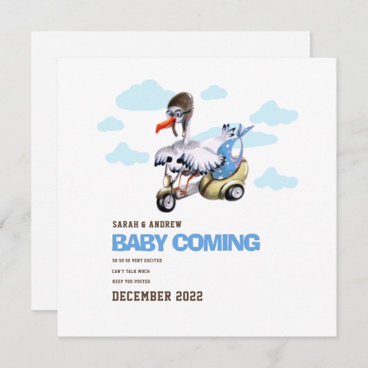 キュートモダンお洒落おもしろいストーク妊娠 案内状 (正面/裏面)