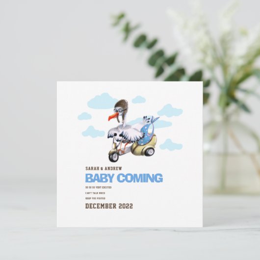 キュートモダンお洒落おもしろいストーク妊娠 案内状 (スタンド正面)