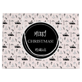 キュートモダンなクリスマス黒と白パーソナライズされた ラージペーパーバッグ