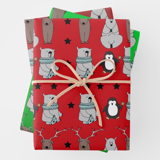 キュートモダンな冬トナカイの熊クリスマスプレゼント ラッピングペーパーシート (インサイチュ)