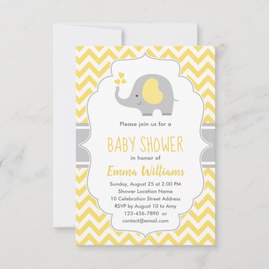 キュートモダンイエローグレーエレファントベビーシャワー 招待状 (正面)