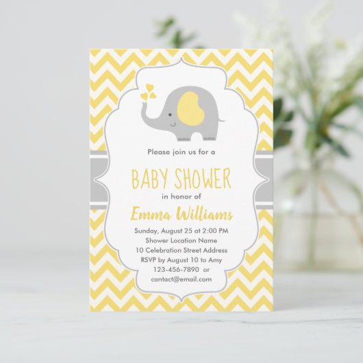 キュートモダンイエローグレーエレファントベビーシャワー 招待状 (スタンド正面)