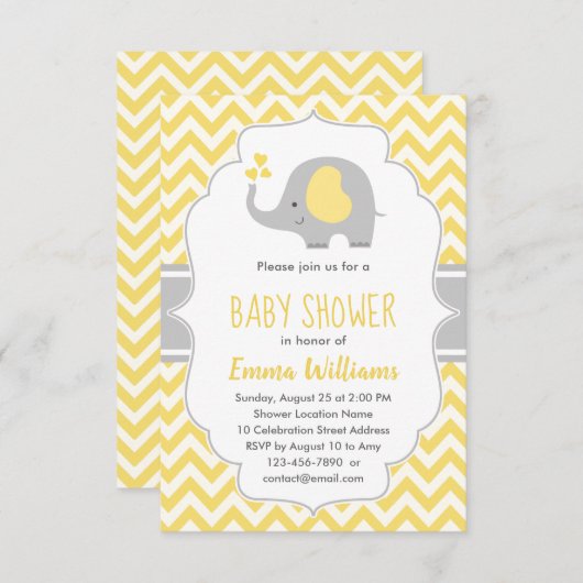 キュートモダンイエローグレーエレファントベビーシャワー 招待状 (正面/裏面)
