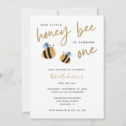 キュートモダンイエロー(昆虫)マルハナバチ第1誕生日 招待状 (正面)