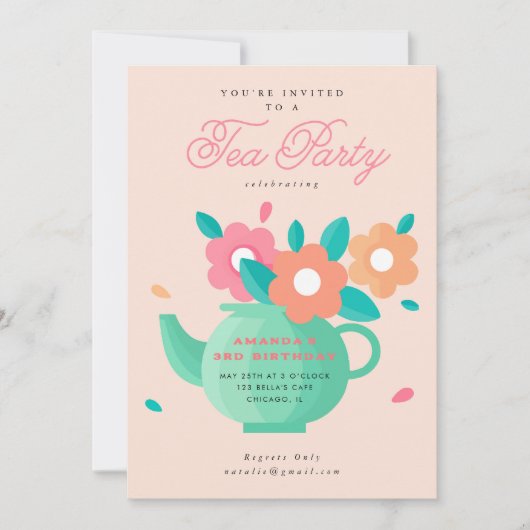 キュートモダンキッズフローラティーパーティー誕生日 招待状 (正面)