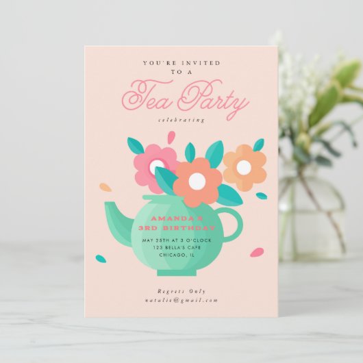 キュートモダンキッズフローラティーパーティー誕生日 招待状 (スタンド正面)