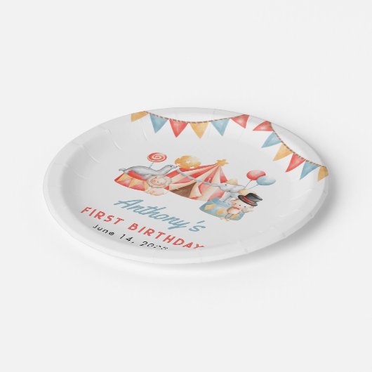 キュートモダンサーカスカーニバルフィエスタファースト誕生日 ペーパープレート (アングル)