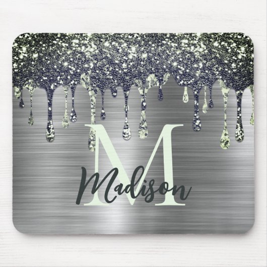 キュートモダンシルバーフェイクグリッタードリップスモノグラム マウスパッド (正面)