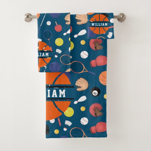 キュートモダンスポーツチャンピオンパーソナライズされたキッズブルー バスタオルセット (インサイチュ)
