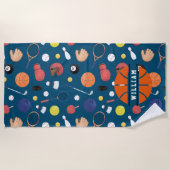 キュートモダンスポーツチャンピオンパーソナライズされたキッズブルー ビーチタオル (正面)