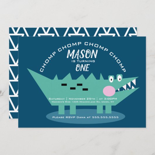キュートモダンチョンピングアリゲーターサファリ誕生日 招待状 (正面/裏面)