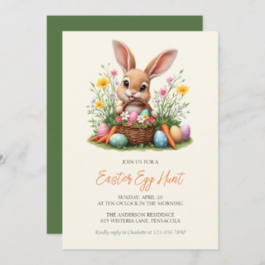 キュートモダンバニーラビットイースターエッグ狩り 招待状 (正面/裏面)