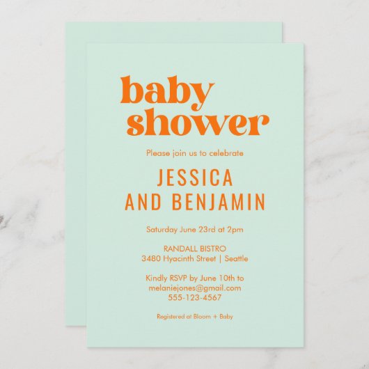 キュートモダンミントグリーンオレンジ赤ちゃんシャワー 招待状 (正面/裏面)