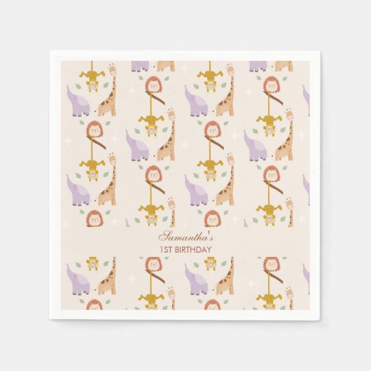 キュートモダンワイルドワンサファリアニマルズ誕生日 スタンダードカクテルナプキン (正面)