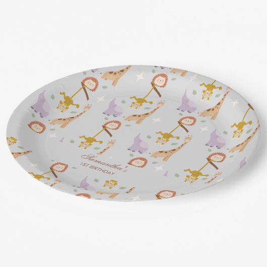 キュートモダンワイルドワンサファリアニマルズ誕生日 ペーパープレート (アングル)