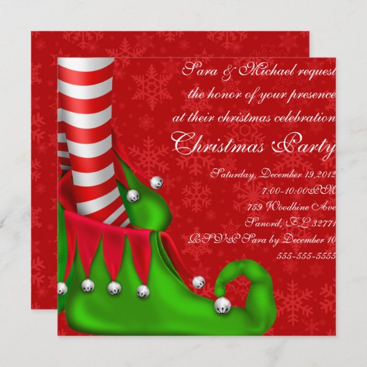 キュートモダン小妖精や小人シューズクリスマスパーティの招待状 招待状 (正面/裏面)