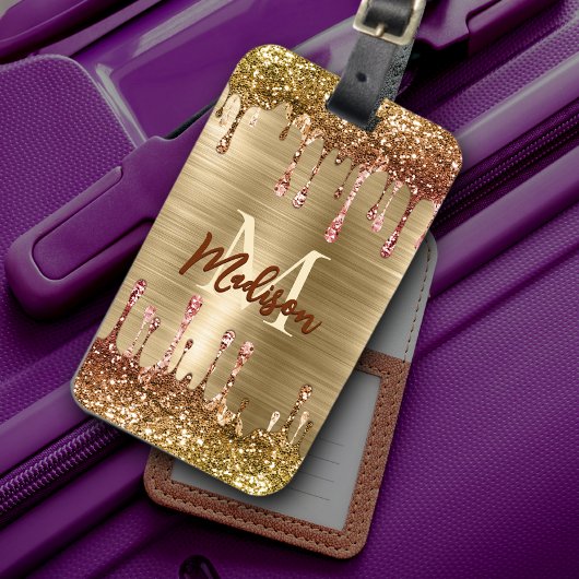 キュートモダン金ゴールドフェイクグリッタードリップスモノグラム ラゲッジタグ