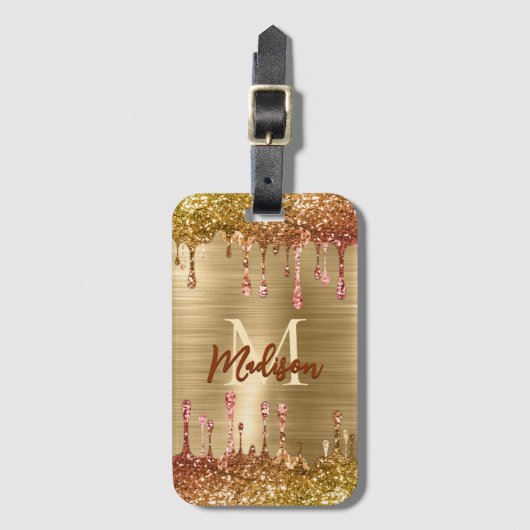 キュートモダン金ゴールドフェイクグリッタードリップスモノグラム ラゲッジタグ (正面縦)