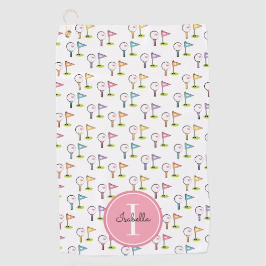 キュートモノグラムのゴルフボールT型旗ピン ゴルフタオル (正面)