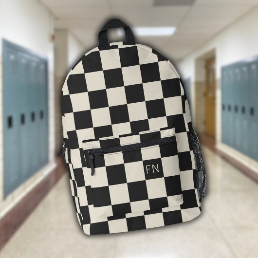 キュートモノグラムイニシャル&木炭チェッカーボード プリントバックパック