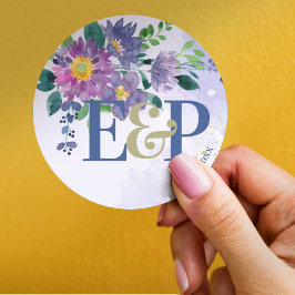 キュートモノグラムビューティフルパープルブルー結婚フローラ ラウンドシール