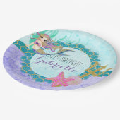 キュートモノグラムマーメイドティール（緑がかった色）&パープルハッピーバースデー ペーパープレート (アングル)