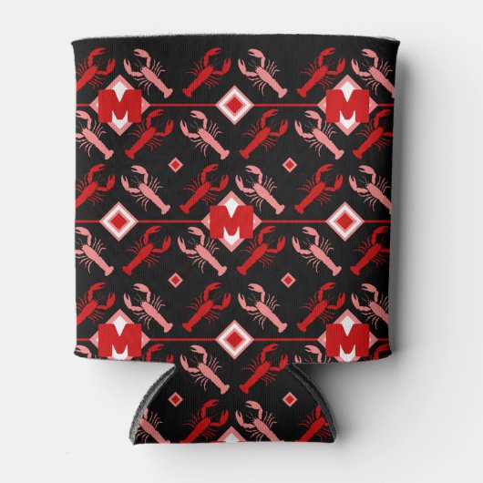 キュートモノグラム&ロブスターシーズン航海のオンブラック 缶クーラー (正面)