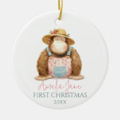 キュートモンキーイラストレーションガール初めてのクリスマス セラミックオーナメント (正面)