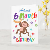 キュートモンキー6ヶ月誕生日 カード (黄色い花)