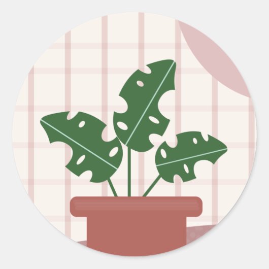 キュートモンステラプラントフレームボヘミアンデザイン ラウンドシール (正面)