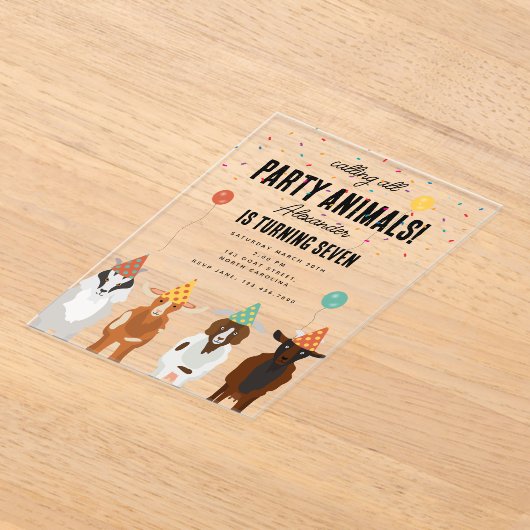 キュートヤグファームパーティー動物ヤギ誕生日テーマ アクリル招待状 (レイダウン)