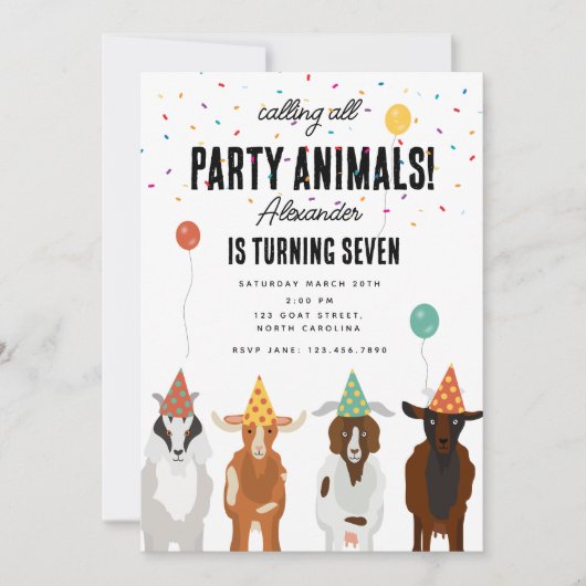 キュートヤグファームパーティー動物ヤギ誕生日テーマ 招待状 (正面)